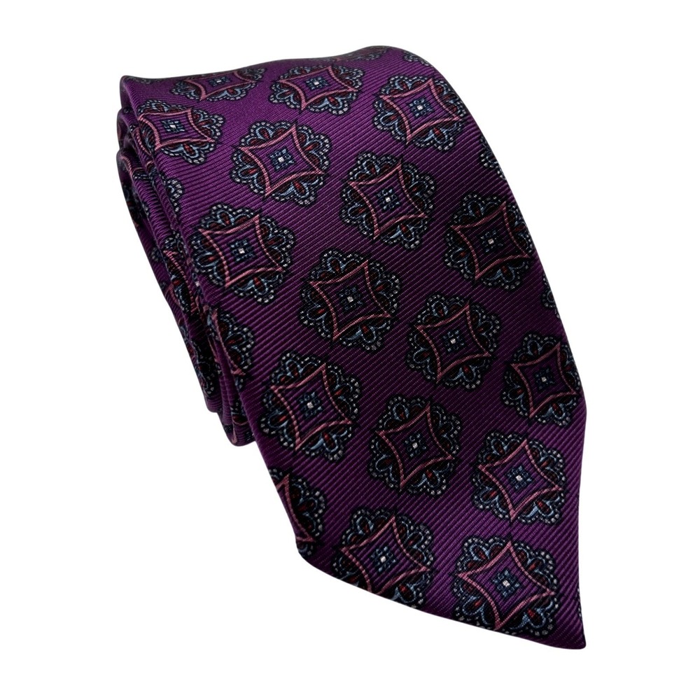 Brixton Ltd Mens Purple 60oz Silk Twill Geometric Medallion Necktie Hand Made